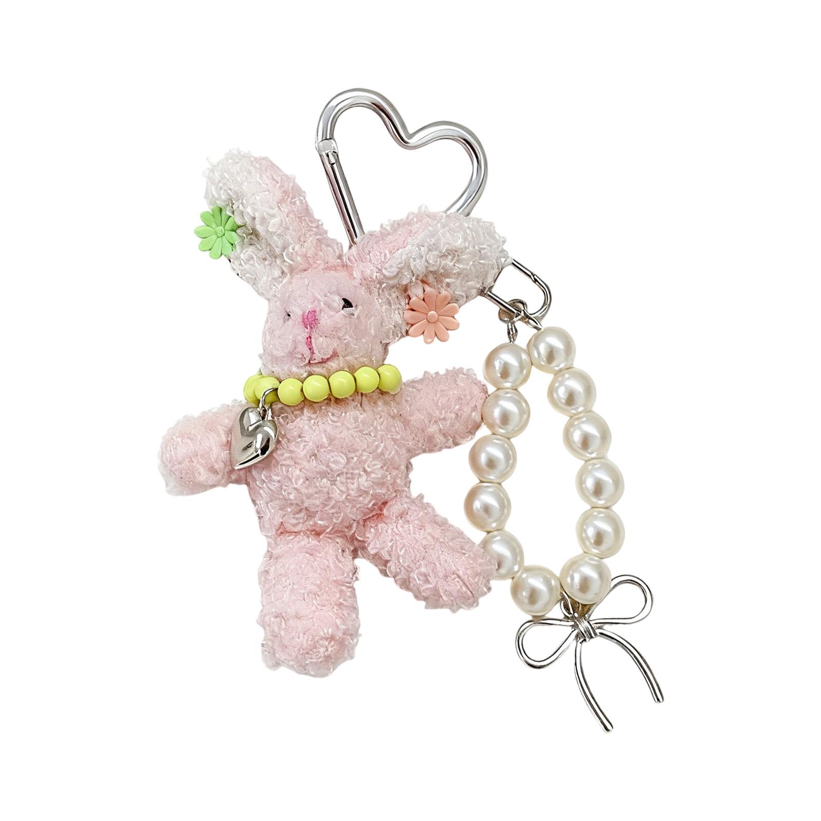 

Plush Rabbit Keychain With Pearls Hairpin Detachable Bag Charm Adorable Rabbit Keyring Decors For Backpack Accessories рожевий