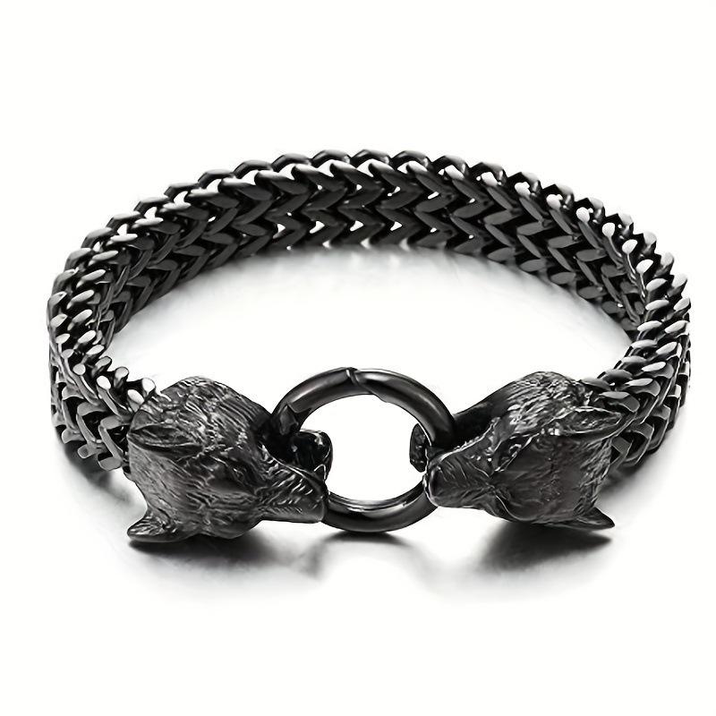 Bracciale Vikingo con Testa di Lupo in Acciaio Inossidabile con Catena a Maglia Franco Retro