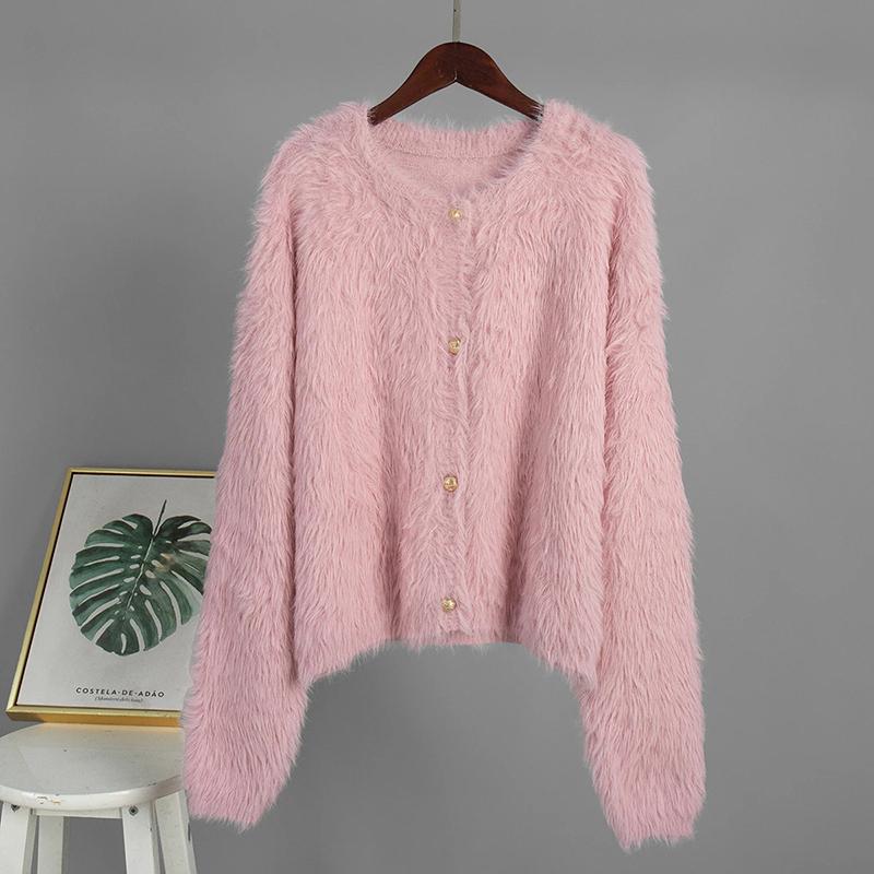 Весна 2026 Вязаный Свитер Кардиган Женский Красный Свободный С Длинным Рукавом Однобортный Свитер Пальто Женская Вязаная Одежда Кардиган Верхняя Одежда S розовый