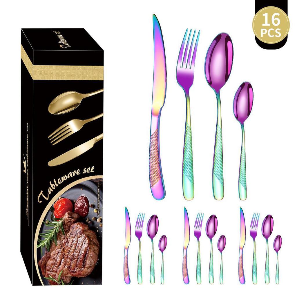 Zestaw 24-częściowej, pozłacanej zastawy stołowej ze stali nierdzewnej o wysokiej wartości: Zestaw noży, widelców i łyżek dla 6 osób, z motywem gwiazdy i diamentu, w pudełku prezentowym.