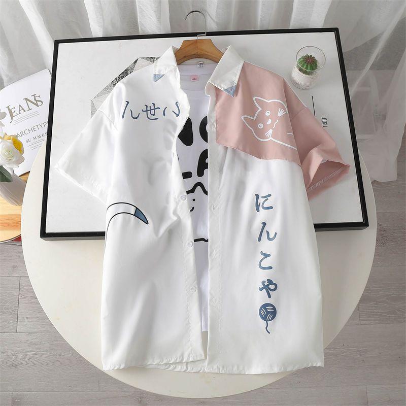 Summer College Style Youth Loose Casual Trend Polo Neck Cartoon Cat Print Short Sleeve Shirt