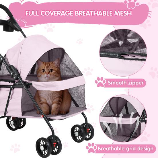 4 Wheels Folding Pet Stroller with Cup Holder, Breathable Mesh for Small Dogs and Cats, 7.5kg Capacity