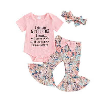 Baby Mädchen Sommer 3-teilige Sets Kurzarm Strampler Tops Blumendruck Schlaghosen Stirnband Sets