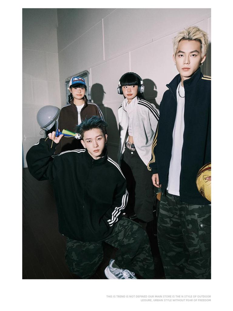 Men's Trendy Striped Stand Collar Jacket for Spring/Autumn - Contrast Color Three-Stripe Cardigan Sweater for Couples.