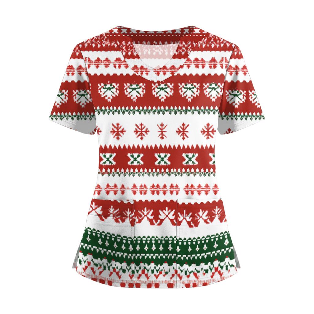 Women's Short Sleeved Christmas Printed V-neck Buttonable Side Slit Top T-shirt