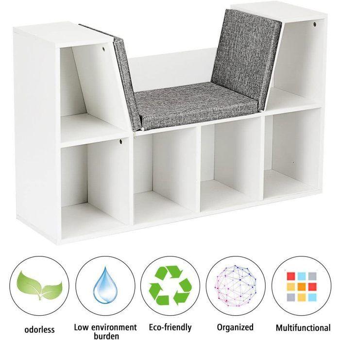 GINGER HOME – Bibliothèque enfant 3-en-1 avec banc, 6 casiers + 2 étagères, coussins, blanc, 112×28×61 cm