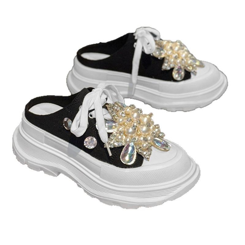 Summer New Sports Shoes Fashionable Women's Lace-up Casual Shoes Medium Heel Breathable Rhinestone White Shoes Half Slippers