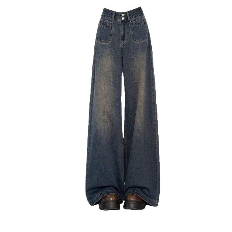 Women's High-Waisted Wide-Leg Double-Breasted Jeans - Retro Versatile Drape Mopping Pants for Spring & Autumn 2025