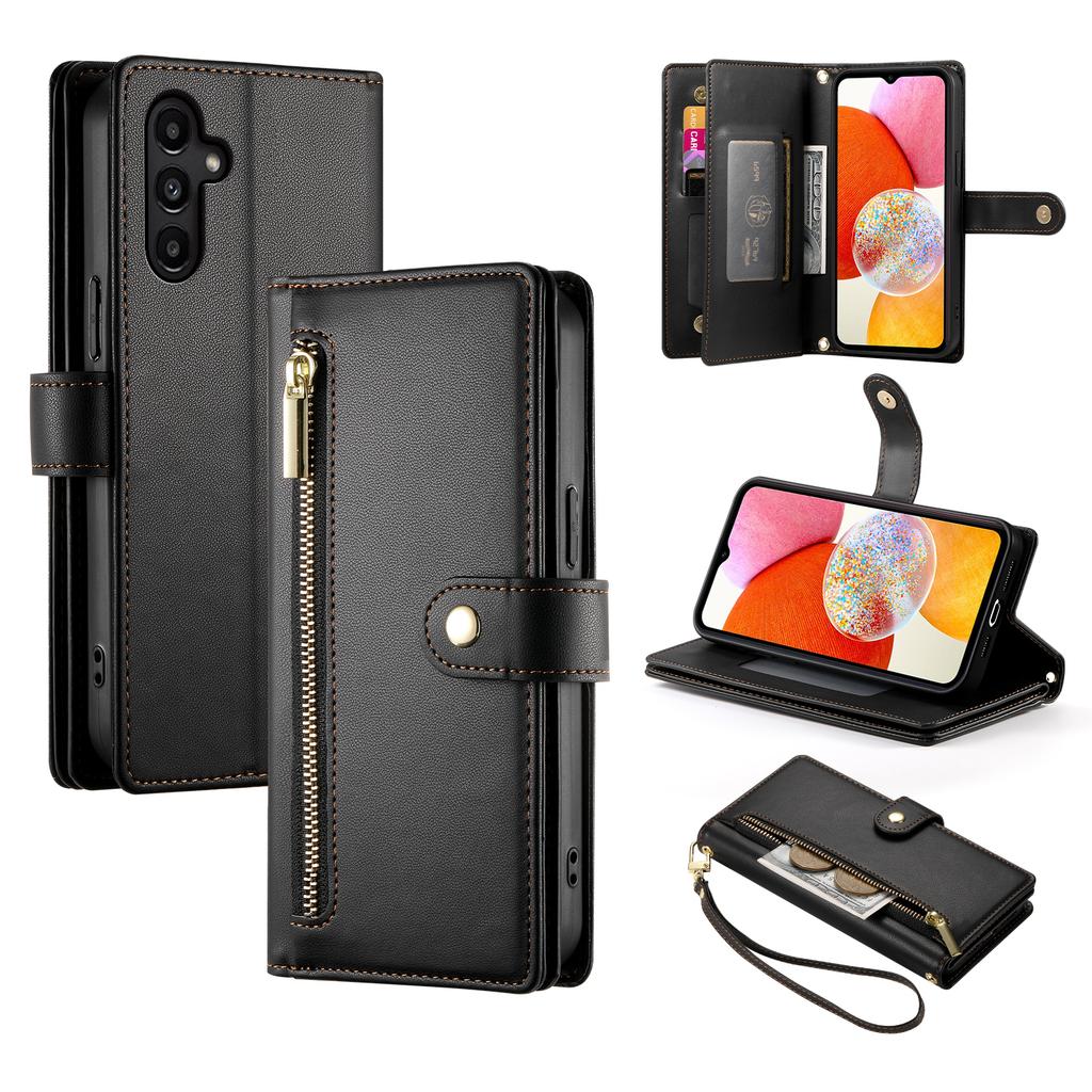 DF-011 For Samsung Galaxy A14 4G/5G Case Zipper Pocket PU Leather Stand Phone Cover