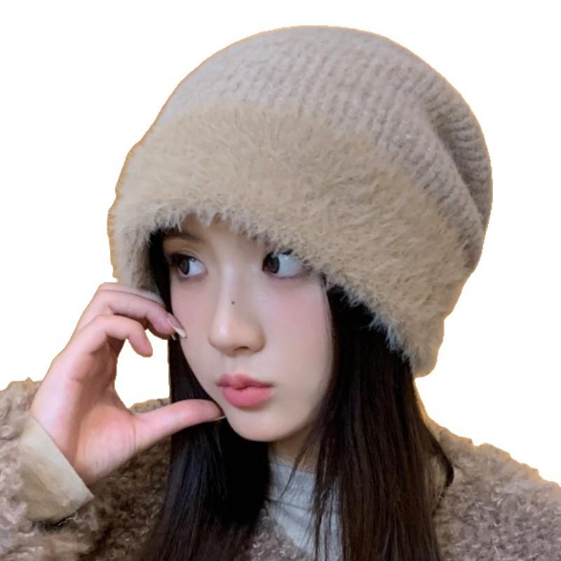 Autumn and Winter Hats, Women's Wool Knitted Hats, Big Head Circumference Headgear, Rabbit Fur, Fleece, Ear Protectors, Warm and Cold Hats.