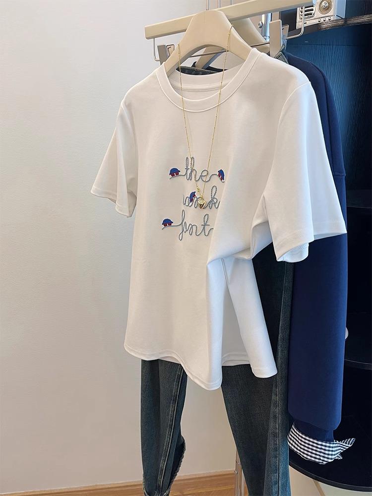 

Белая хлопковая жаккардовая футболка с вышивкой букв, с круглым вырезом и короткими рукавами, женская летняя Large