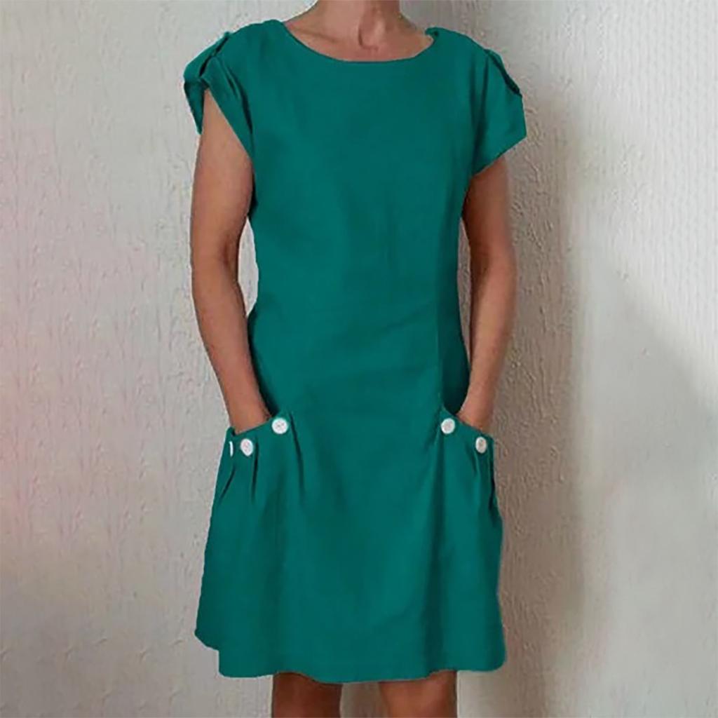 Women's Cotton Linen Color Loose Round Neck Short Sleeve Pockets Dress