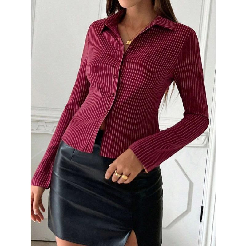 DAFIFY Women's Fashion Casual Spring Autumn Stripe Print Long Sleeve POLO Neck Blouses & Shirts