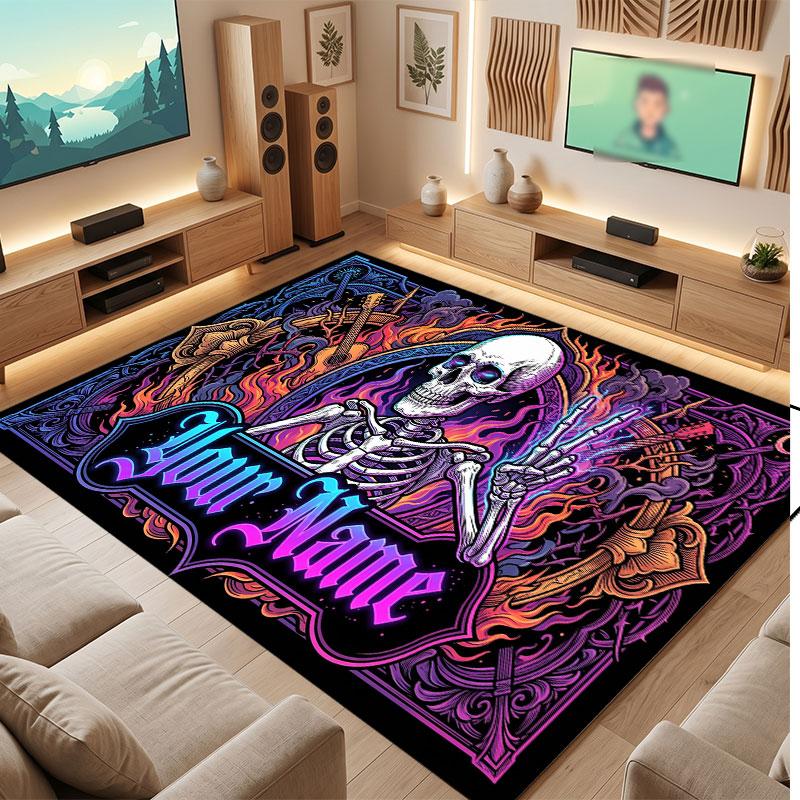 Skull Gothic Theme Crystal Velvet Floor Rug Personalized Custom Name Text Warm Carpet Home Decoration