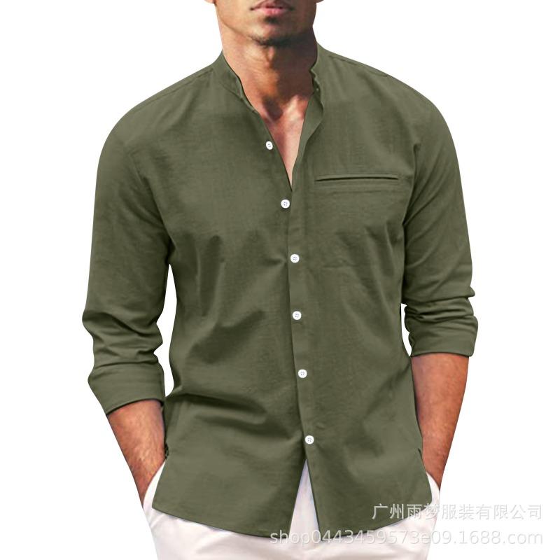 Men's Long Sleeve Cotton Linen Shirt, Mandarin Collar Button-Up Shirt, Solid Color Casual Top