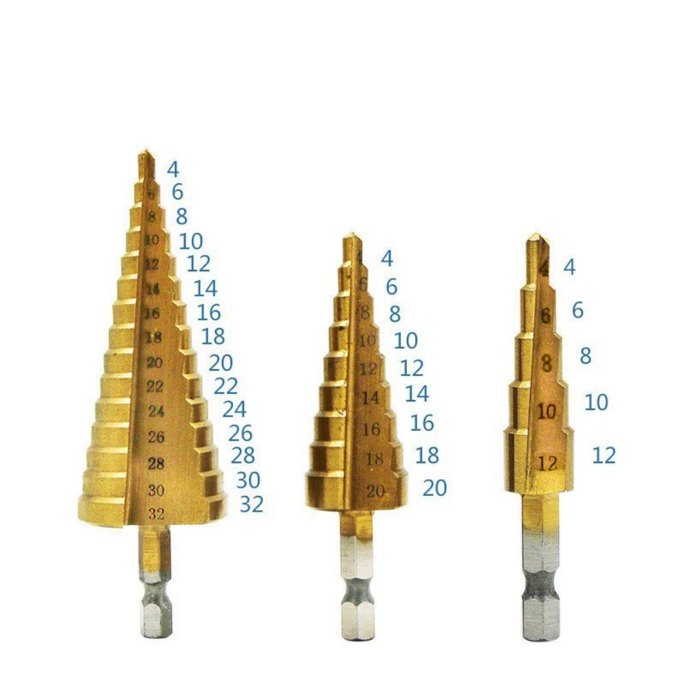 Sada stupňovitých vrtáků do plechu z HSS oceli s titanovým povlakem, (2mm-7.0mm) pro dřevo a kov - odolné, všestranné, efektivní, stupňovité vrtáky
