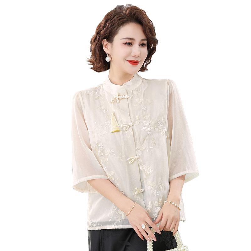 Mom's Summer Embroidered Tassel Stand Collar Chiffon Blouse for Middle-Aged Women