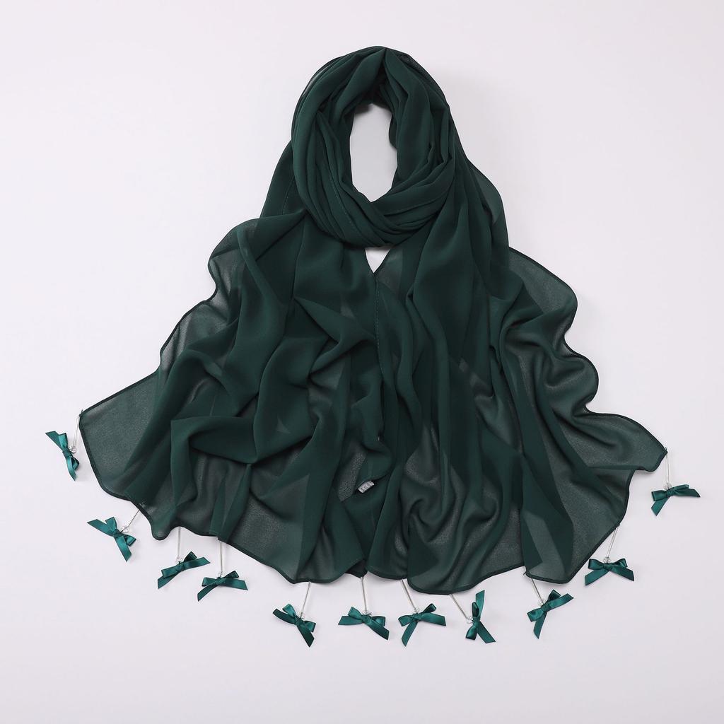 New Chiffon Hijab Veil Scarf Hand-Sewn Glass Tube Bow Long Scarf Gauze Horse Muslim Women Hijab Islam Turban Headscarves Ladies