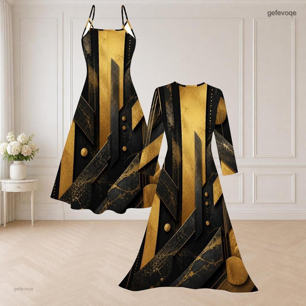 Women Plus Size Black Gold Printed Two Piece Set Long Sleeve Open Front Cardigan Strappy V Neck Flared Dress