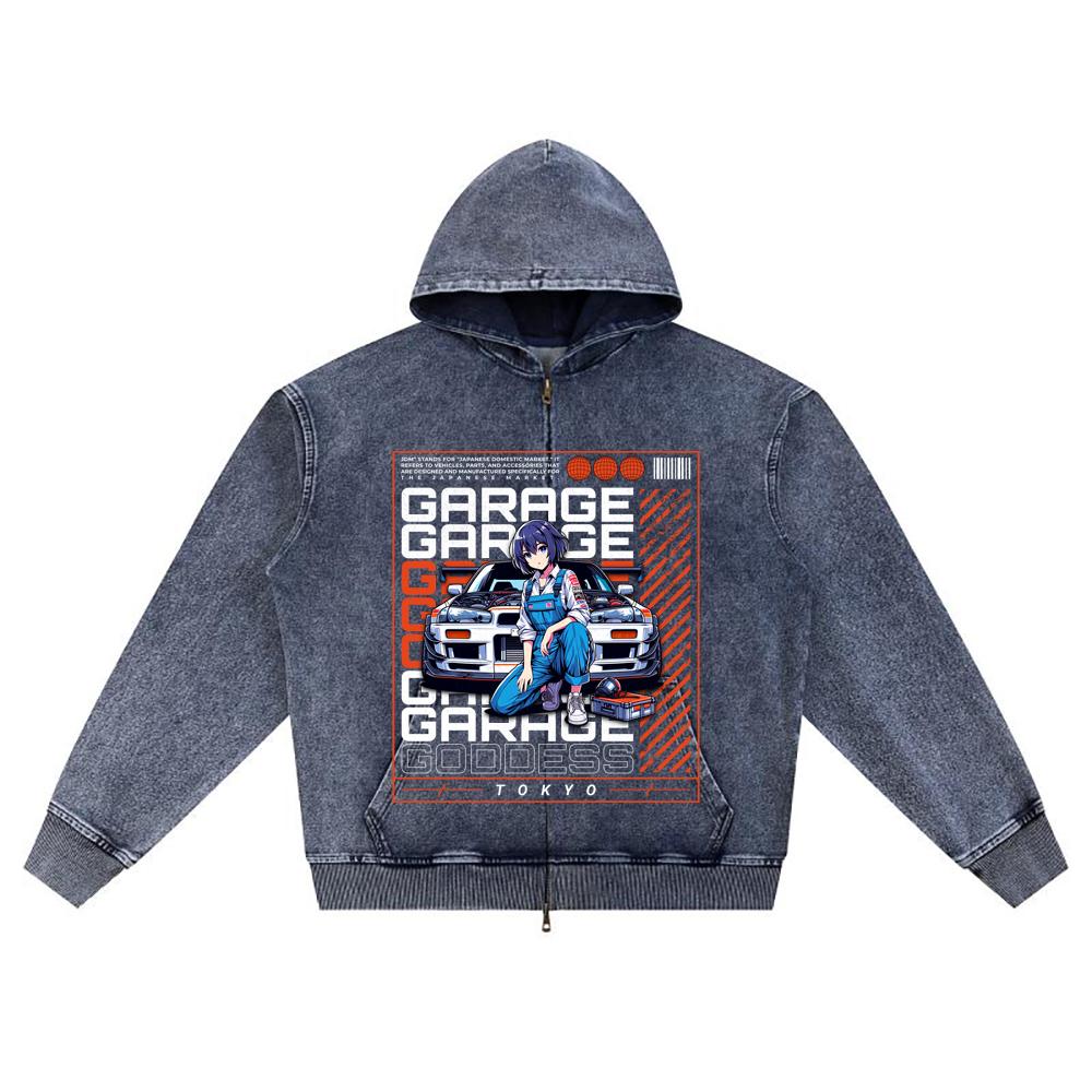 

DTG print Knitted Denim Zip-Up Hoodie Garage Goddess Brother Print Zipper Hoodies XL темно-синий