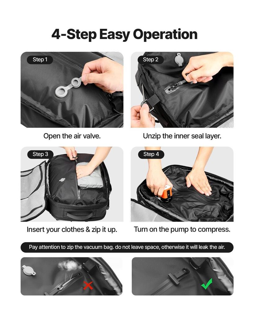 Vacuum Travel Backpack, 35L, Vacuum Seal Compression Travel Backpack with Air Pump, Multiple Pockets & Compartments, Water-Resistant Carry-On Suitcase