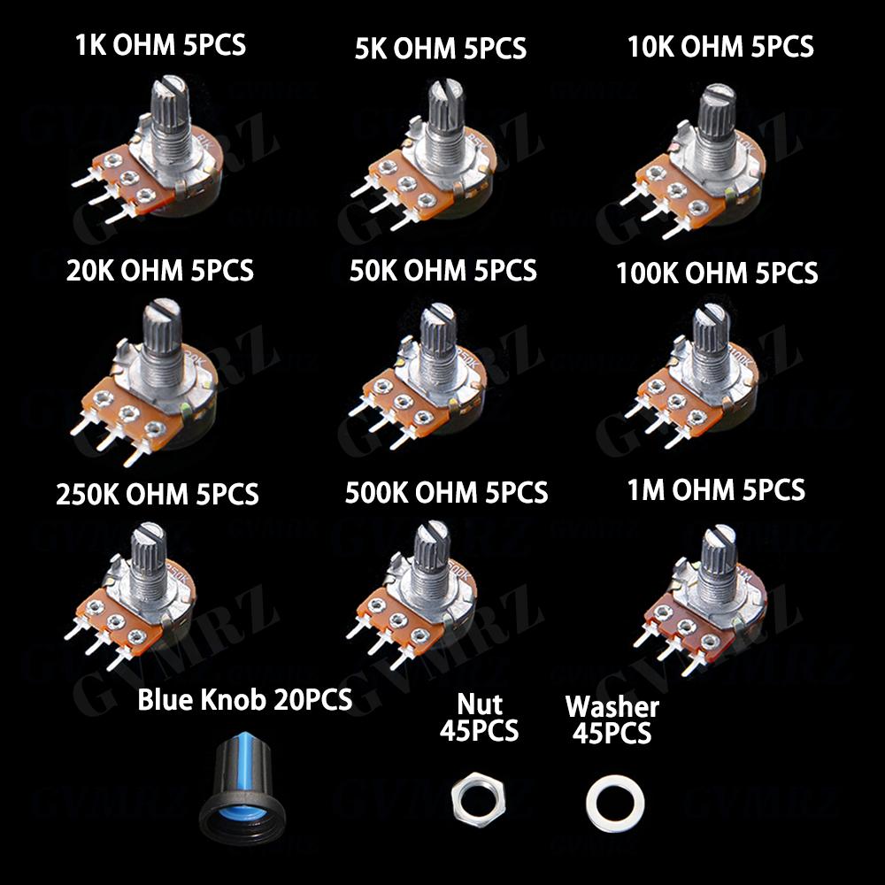 45PCS/Box WH148 Potentiometer 3PIN/6PIN kit 1k 5k 10k 20k 50k 100k 500k 1M ohm with Blue knob