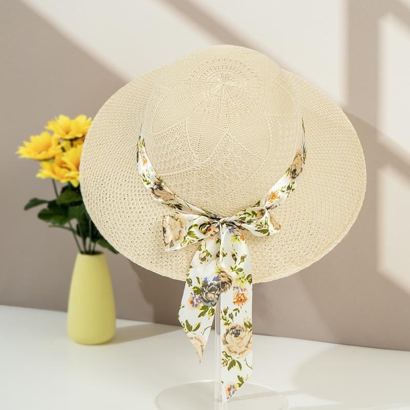 Beige Wide Brim Straw Sun Hat Foldable Polka Dot Bow Ribbon UV Protection for Summer Pool Party Travel Use