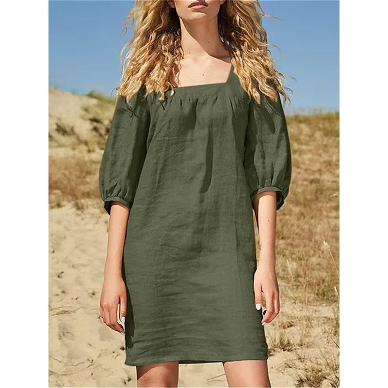 

Loose Square-Neck Solid-Color Dress Fashion Loose Square Collar Solid Dress Women Green XXL
