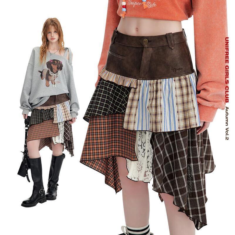 UNIFREE Vintage Irregular Patchwork Plaid Mini Skirt M