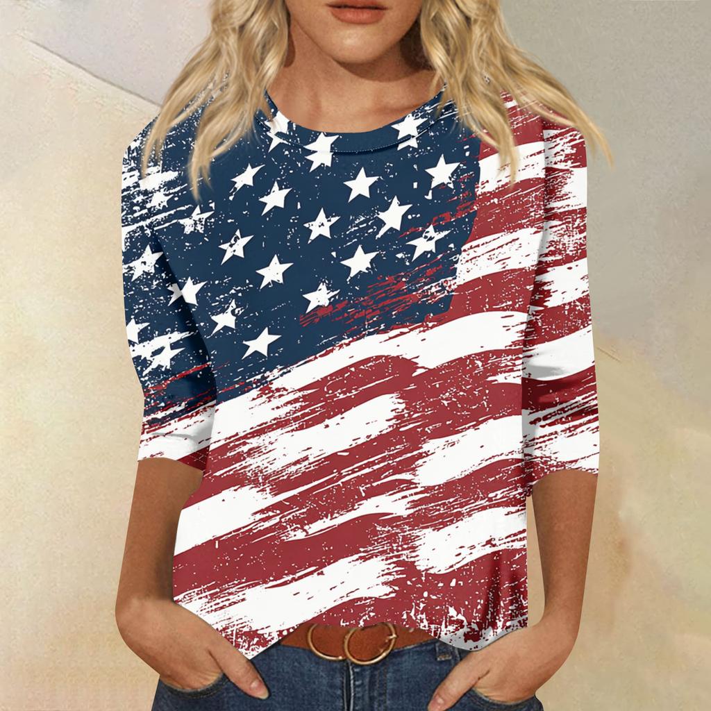 Women's Fashion Casual Seven-Sleeve Independence Day Print Round Neck Top