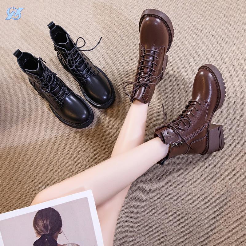 Leather Platform Martin Women's New British Style Women's High-heeled Thick-heeled Short Spring and Autumn Single Winter Velvet