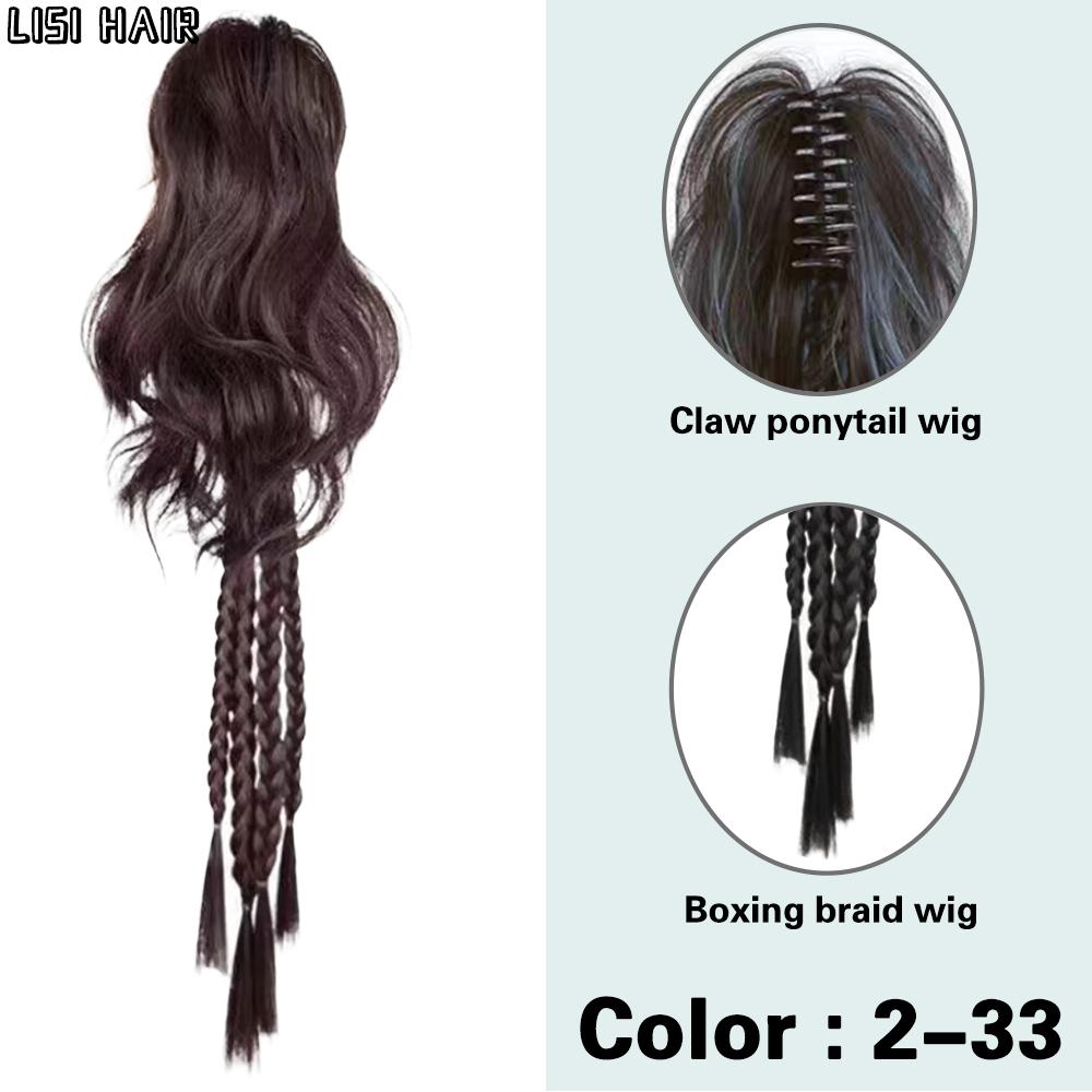 LISI HAIR Syntetisk langt hår flette hestehale krøllete hår hestehale flette parykk klo klips hestehale forlengelse 24 tommers hårstykke