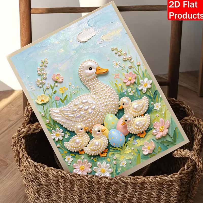 DIY Frameless Pearl Painting Kit Duck Family Eggs 3D Shiny Bead Art Canvas Relaxing Creative Craft for Home Wall Decor Gift