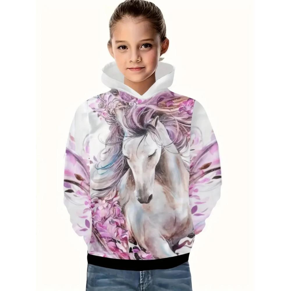 Autumn 3D Horse Printed Hoodies Fashionable Casual Sports Cool Long Sleeved Children's Girl Hooded Sweatshirts
