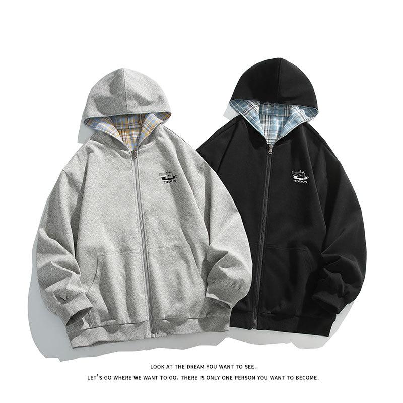 Vändbar kofta sweatshirt herr höst ny amerikansk modemärke avslappnad mångsidig par stor storlek huvjacka