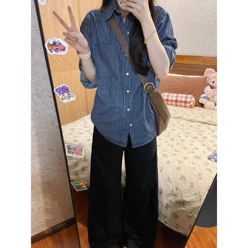 Retro Blue Striped Shirt Women's Spring and Autumn New Loose Casual Shirt Jacket