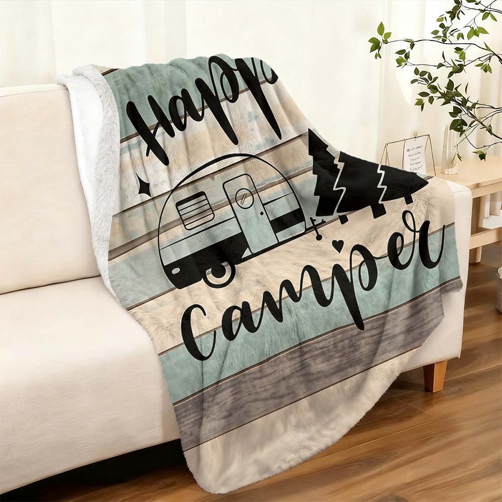 1Pc Happy Camper Retro Camping Themed Flannel Throw Blanket For Outdoor Rv Home Decor