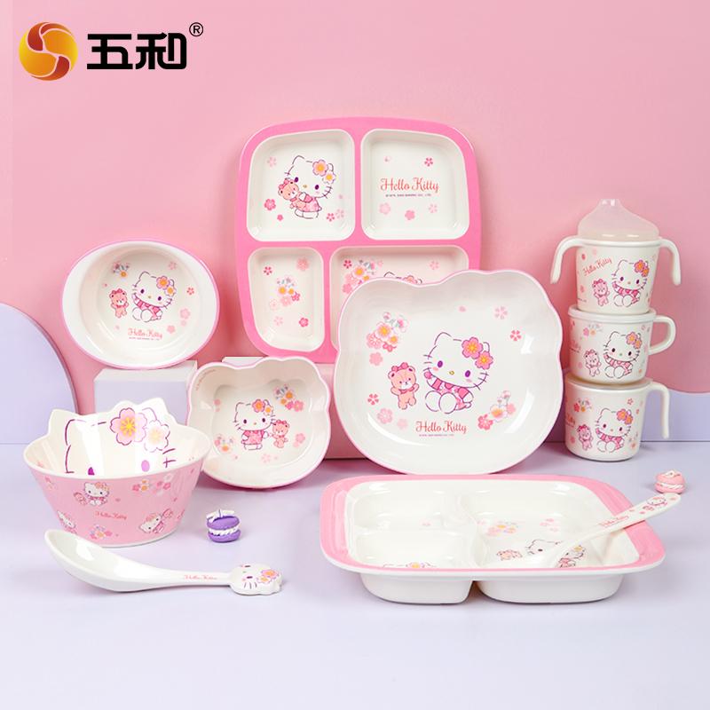 For Hello KittyTableware Cute Cherry Blossom Children Cartoon Tableware Rice Salad Bowl Water Cup Spoon Anti-scalding Plate
