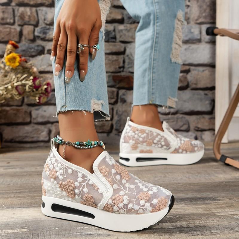 Large Size One-Pedal Single Shoes For Women'S Spring New Korean Version Of Lace Mesh Yarn Inner Height-Increasing Muffin Sole Casual Single Shoes