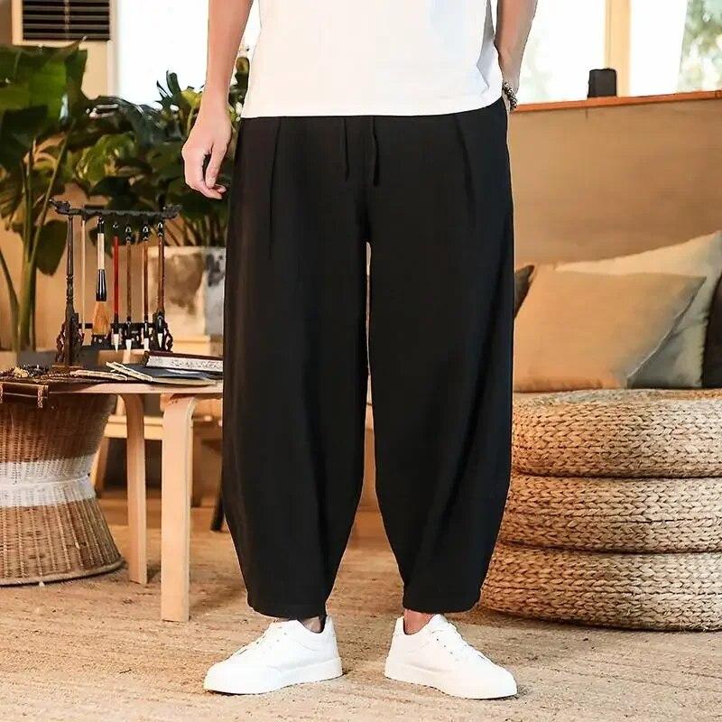 Męskie spodnie bawełniane i lniane Męskie letnie oddychające Nowe, jednokolorowe Męskie luźne spodnie fitness Baggy Streetwear Plus Size