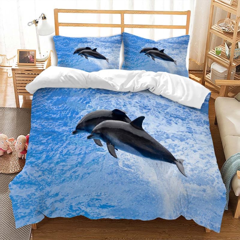 Comforter Dolphin Cute Jumping Dolphins Bedding Set Microfiber Marine Animals Comforter With 2 Pillow Sham Twin King
