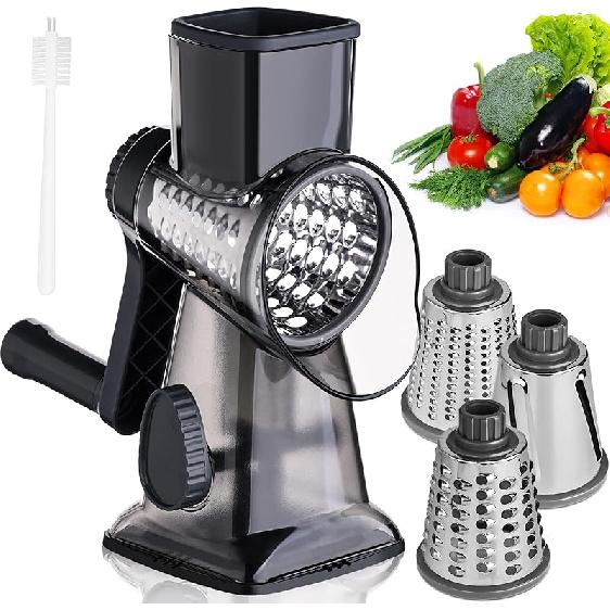 HANSGO Rotary Cheese Grater, Red Manual Cheese Shredder Kitchen Vegetable Slicer with Handle and 3 Interchangeable Blades for Fruit Nuts