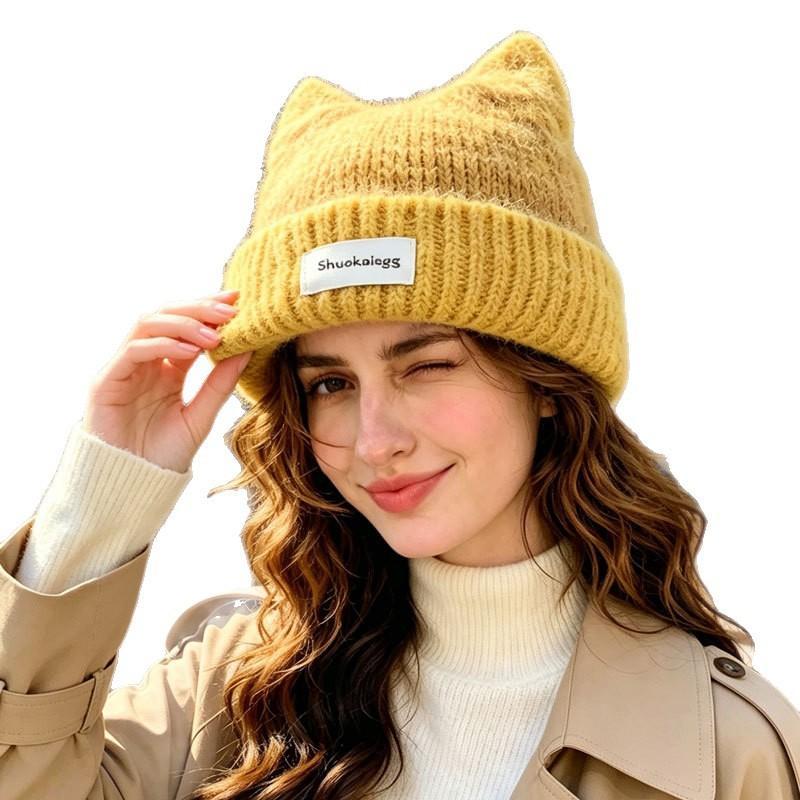 Fuzzy Knit Cat-Ear Beanie Warm Plush Lined Thermal Winter Hat for Women Casual Street Wear Outdoor Daily Use