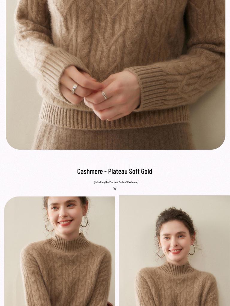 Women's Thickened Half-High Neck Cable Knit Cashmere Sweater - Soft, Versatile Autumn/Winter Pullover