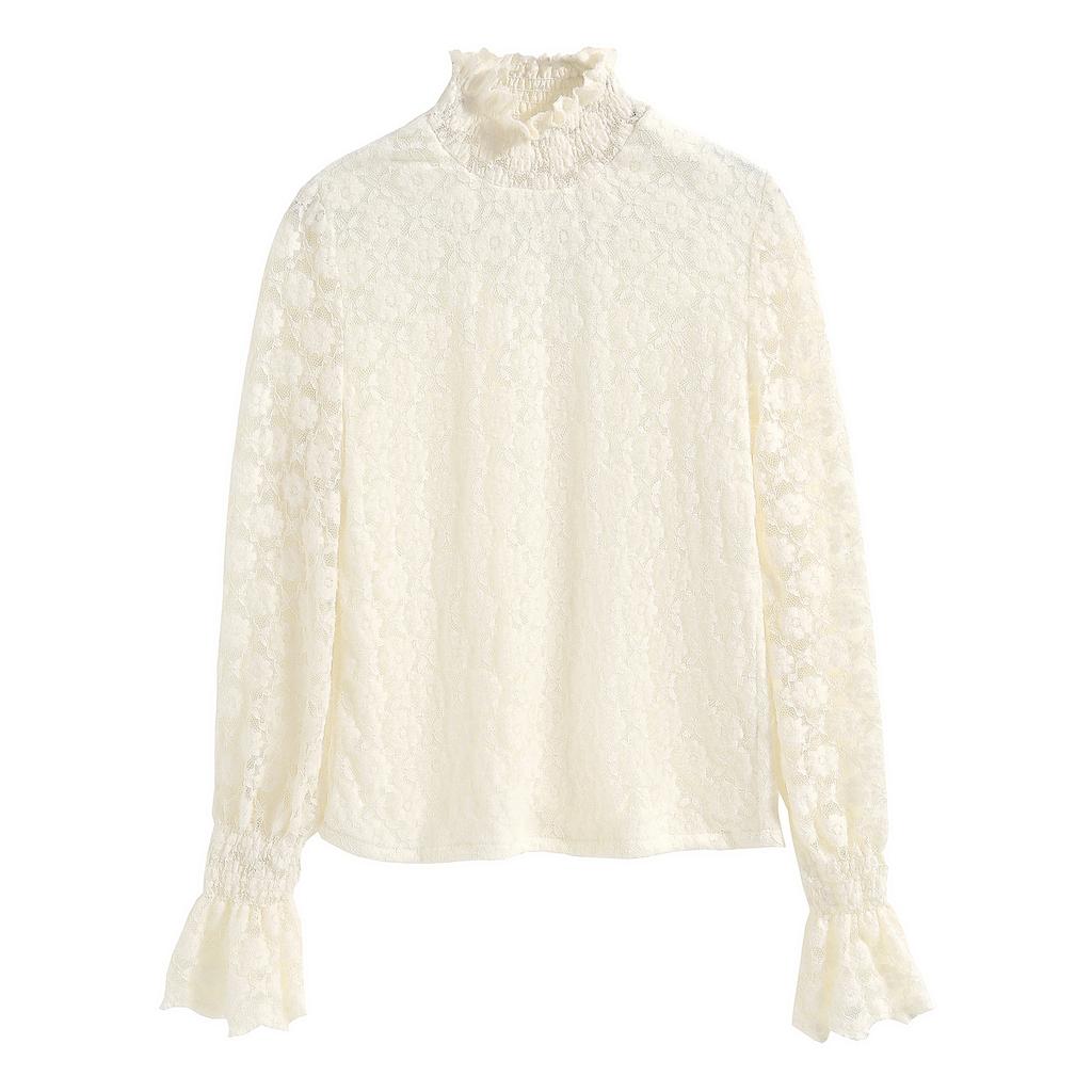 Fashion New 2024 Autumn Winter Long Sleeve Half High Collar Velvet Lace Blouse Shirt Women Tops Blouses Shirts J753