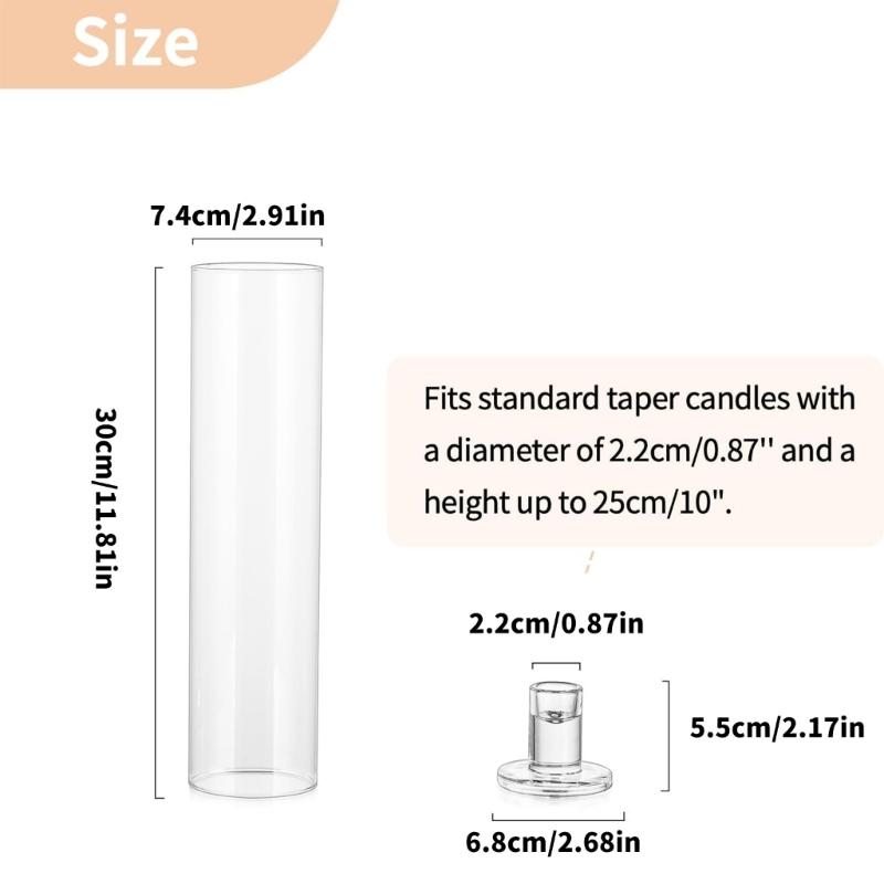2Pcs Clear Straight Tube Glass Taper Candle Holders Windproof Structure Stable Flame For Garden Patios Event Home Decors