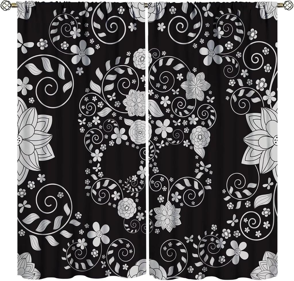 Vintage Skull Curtains Rose Flowers Wildflowers Halloween Theme Scary Curtain Bedroom Living Room Home With Rod Pocket Polyester Ideal For Sitting