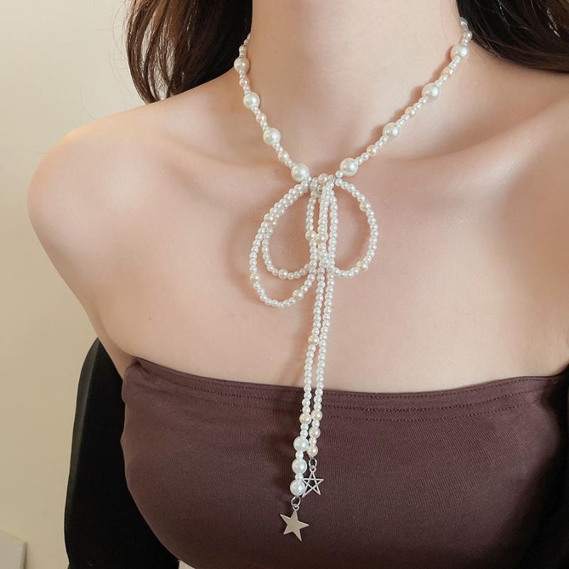 

Adjustable Pearl Bow Tie Necklace Star Pendant Long Tassel Choker For Women Y2K Vintage Party Jewelry A2