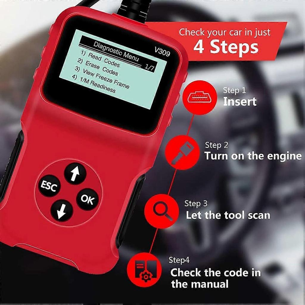 Wired Car OBD2 Scanner, Plug and Play Code Reader, Wired Car OBD2 Scanner, HD LCD Display Screen, Red1pc