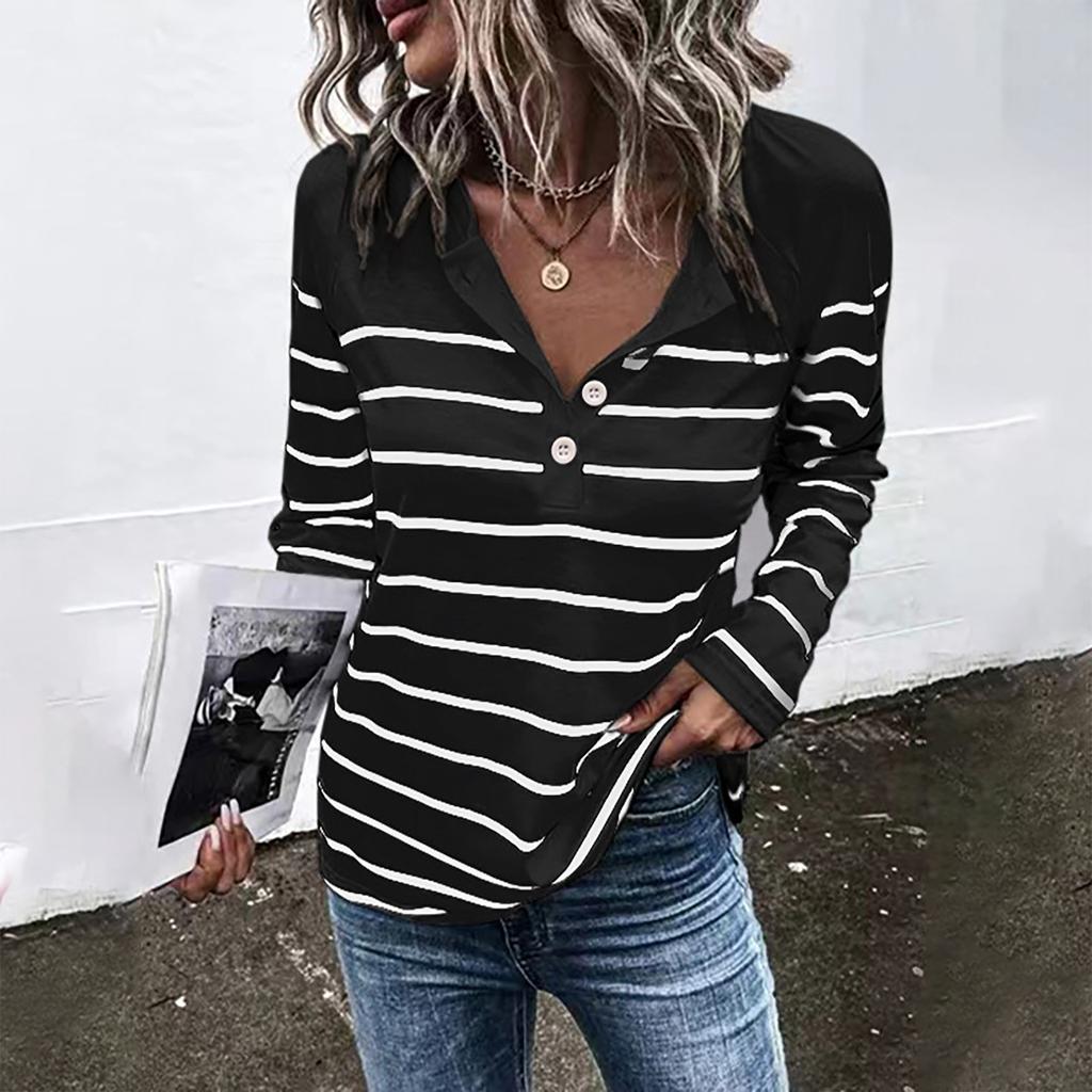 Ladies Casual Striped Round Neck Button Casual Loose Long Sleeve T-Shirt